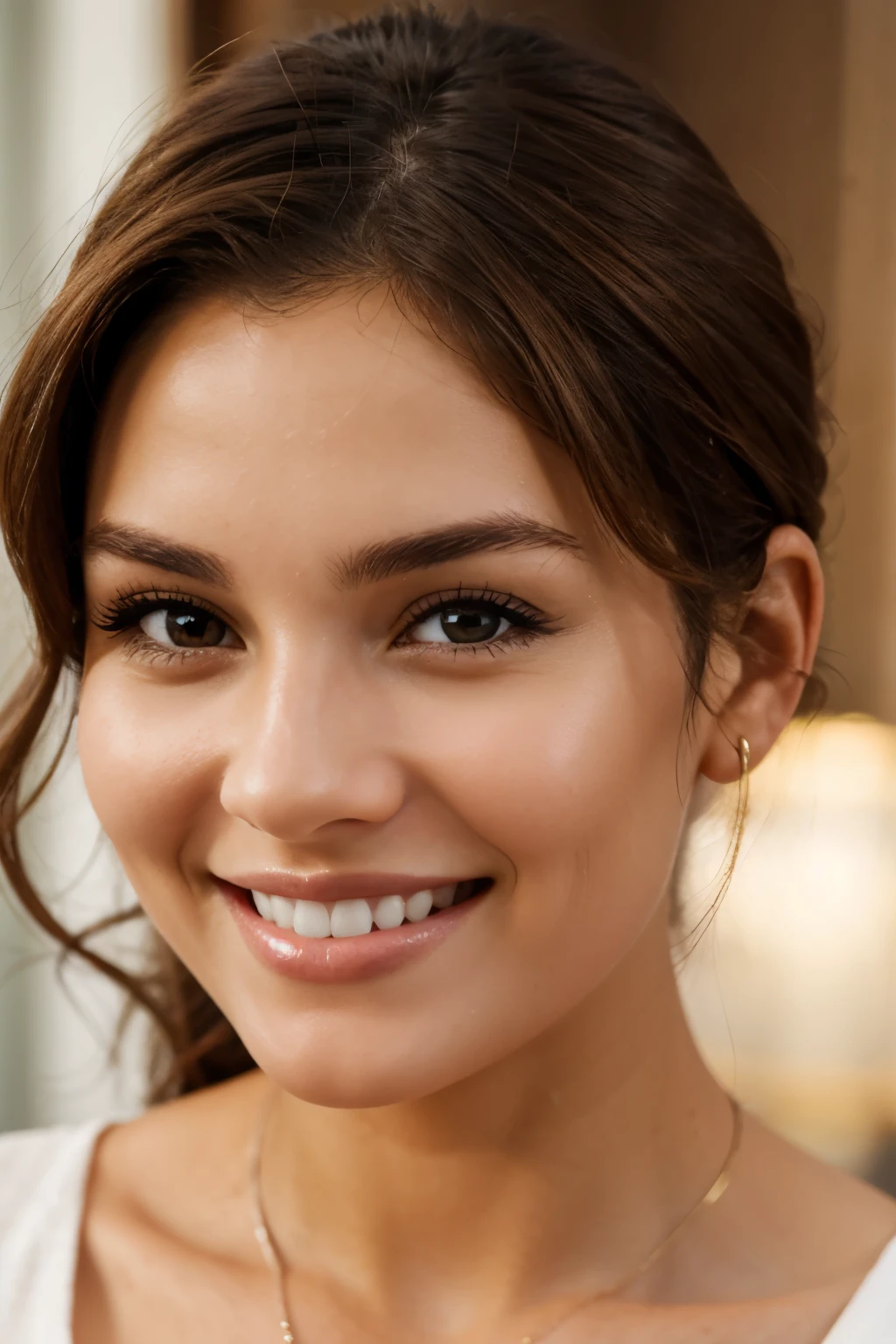 close up of a woman with smile brown hair