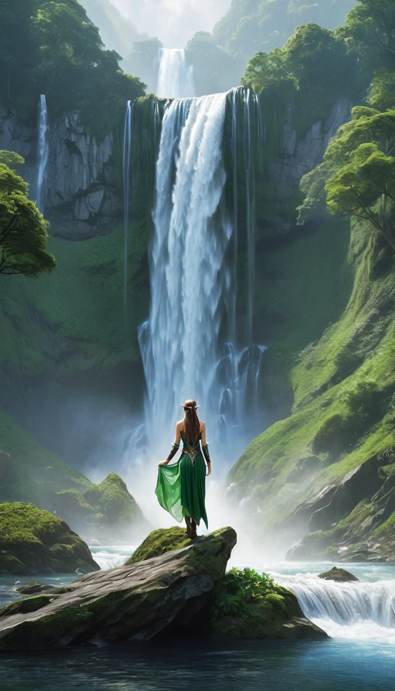 ,Realistic,highest quality,waterfall,landscape,Elf Woman