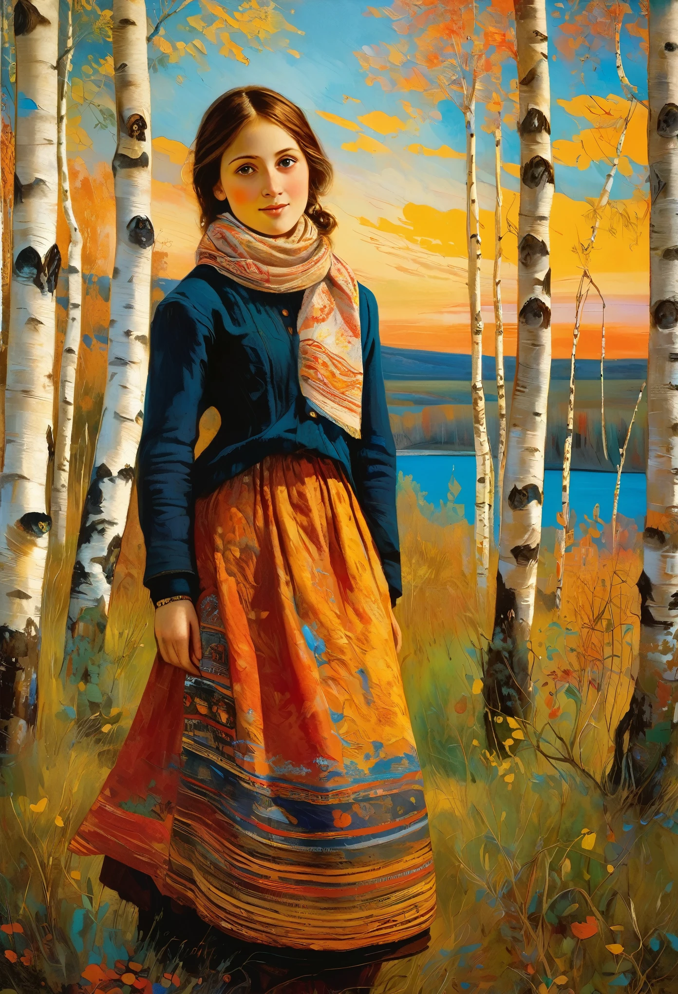 a young Russian girl, against the background of a scarlet sunset, complex detailing, aged canvas, "the girl by the white birch" (in the style of Odilon-Redon, depicted in oil on canvas),
a beautiful girl with brown hair in a scarf, hugging the trunk of a birch tree dressed in a top and maxi skirt with patterns and knitting, ((background: high bank of the white birch river in cheerful colors,
stunning, highly detailed, 8k, ornate, intricate, vintage, dehydrated, atmospheric, scuff gradient,
(oil painting: 0.75), (splash: 0.75), (turquoise: 0.2), (orange: 0.2), (pink:0.33), 
 (Odilon-Redon: 0.5), (John Constable: 0.1),
((El Greco: 0.5),(acrylic paint: 0.75), 8k (())e