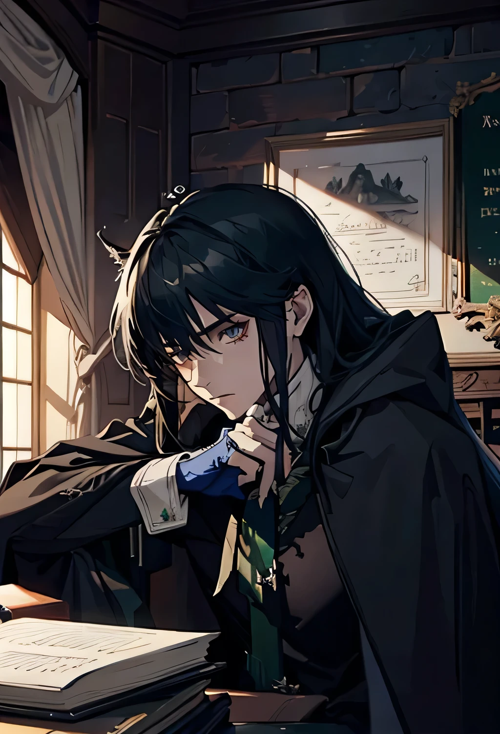 slytherin, wizard handsome, blackhair, villian face, 1 man, raising a catpersia, student, green eye, black hair