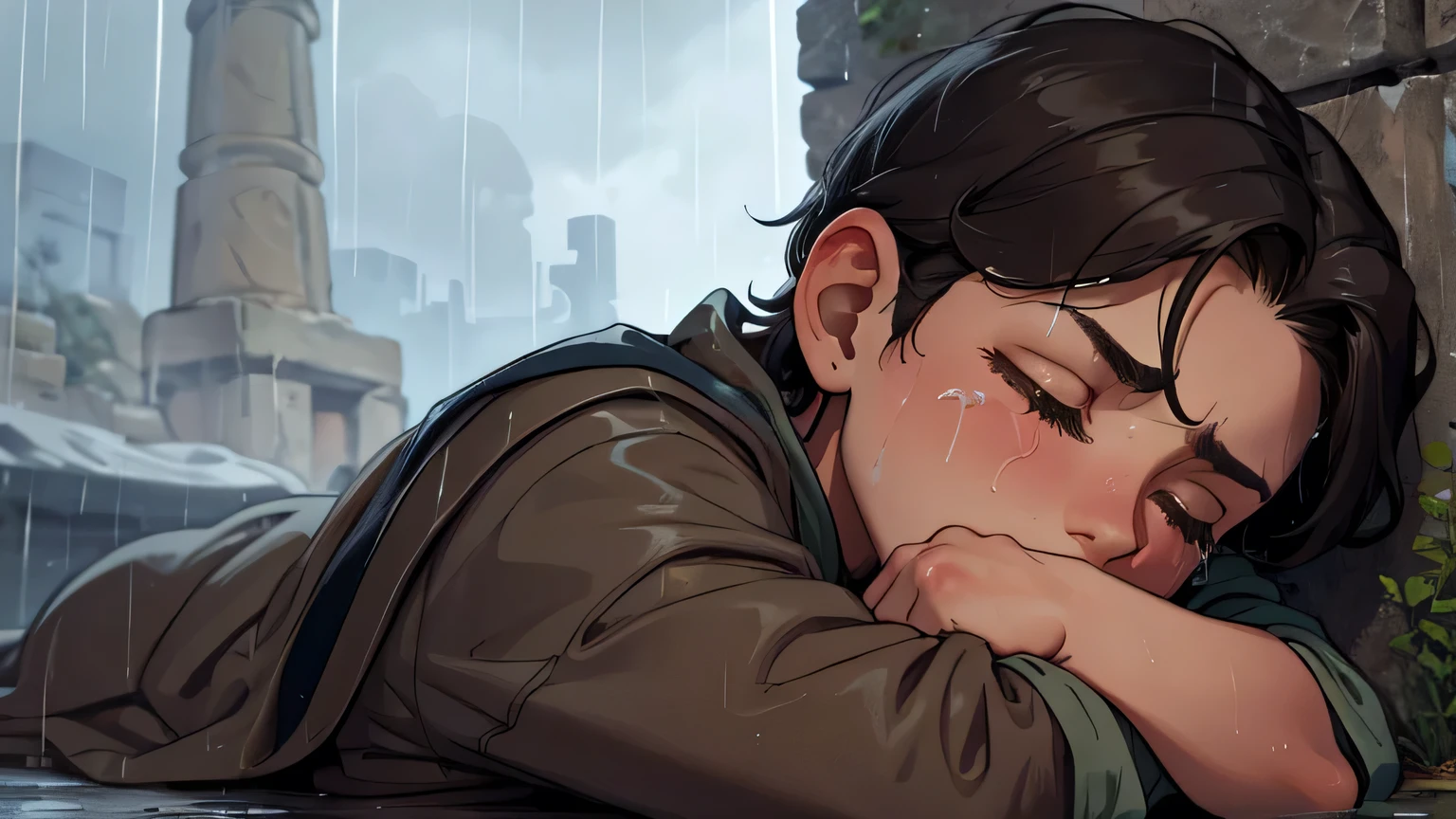10 year old boy with closed eyes, dark gray hair, poor tunic and old brown clothes from the 1st century, depressed and crying on the ground of a Greek city from the 1st century AD, like a beggar in the rain, sad and gloomy face. close up of his face