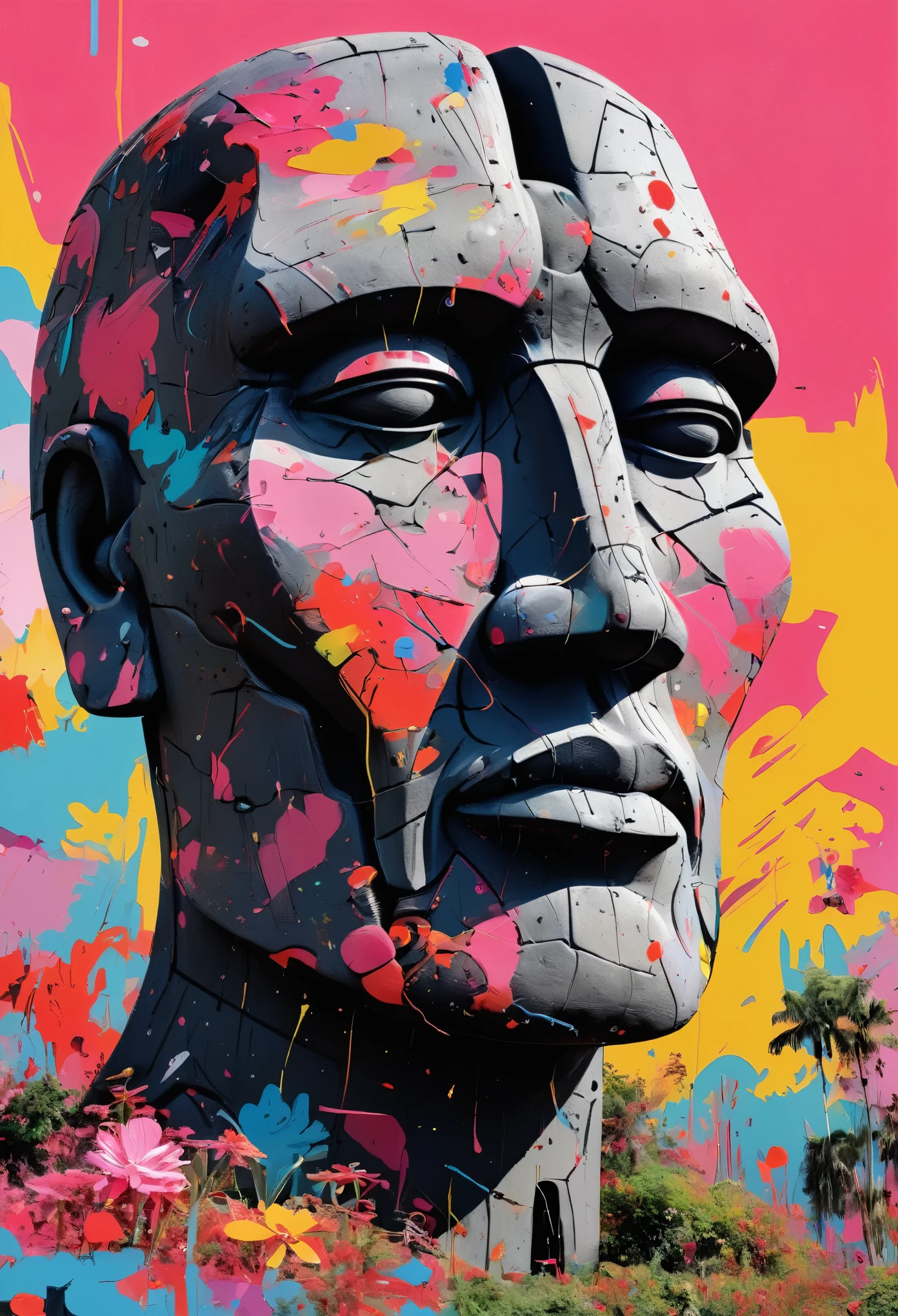 Graffiti, scribble, Comics by Petra Cortright, best quality, masterpiece, moai statue artwork, Representative work, official art, Professional, Ultra intricate detailed, 8k, moai statue art, colourful background 