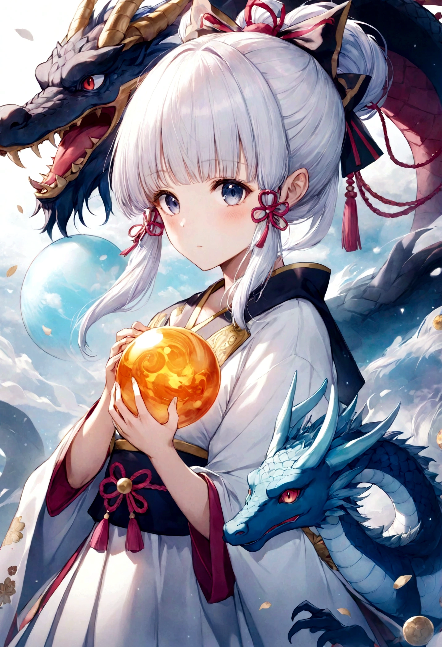 Anime girl holding a dragon ball, Ayaka Genshin Impact, White-haired deity, Anime style 4K, Anime Art Wallpaper 4K, Anime Art Wallpaper 4K, Onmyoji Detailed Art, anime wallpaper 4k, Anime Wallpaper 4K, best anime 4k konachan wallpapers, Anime Fantasy Artwork, 4k comics wallpaper, Anime fantasy illustration