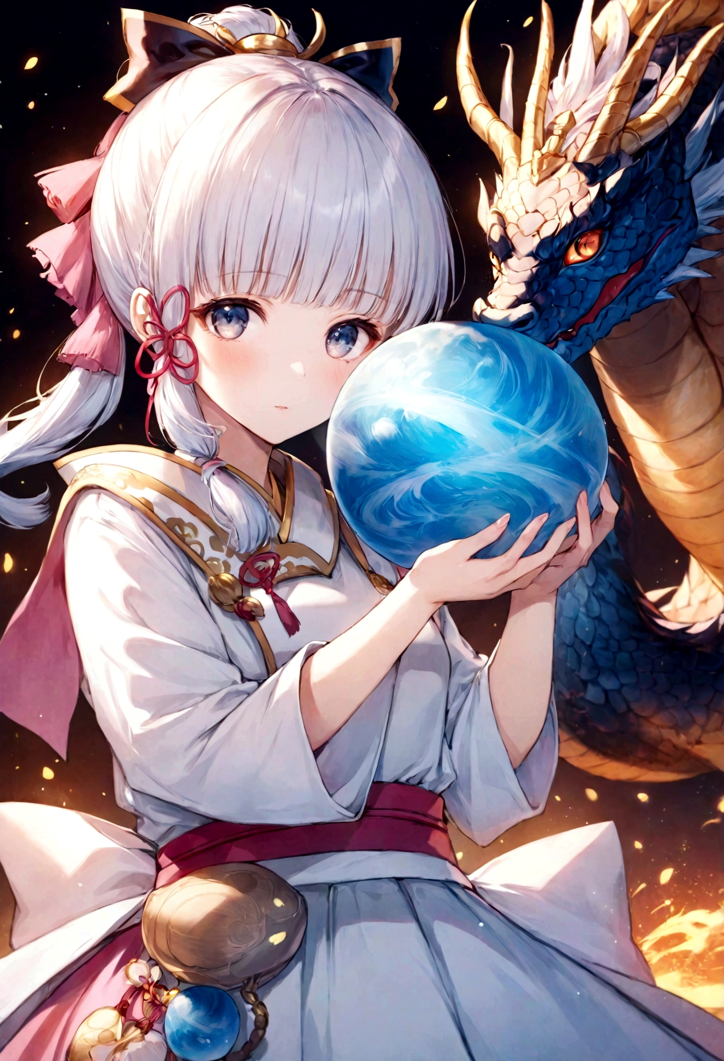 Anime girl holding a dragon ball, Ayaka Genshin Impact, White-haired deity, Anime style 4K, Anime Art Wallpaper 4K, Anime Art Wallpaper 4K, Onmyoji Detailed Art, anime wallpaper 4k, Anime Wallpaper 4K, best anime 4k konachan wallpapers, Anime Fantasy Artwork, 4k comics wallpaper, Anime fantasy illustration