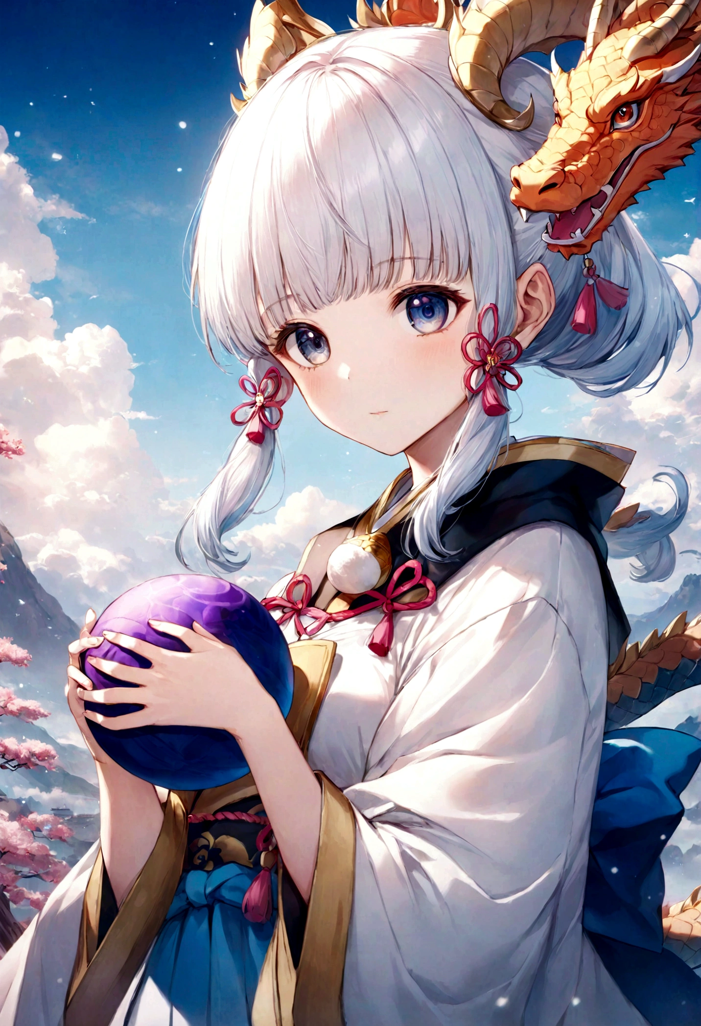 Anime girl holding a dragon ball, Ayaka Genshin Impact, White-haired deity, Anime style 4K, Anime Art Wallpaper 4K, Anime Art Wallpaper 4K, Onmyoji Detailed Art, anime wallpaper 4k, Anime Wallpaper 4K, best anime 4k konachan wallpapers, Anime Fantasy Artwork, 4k comics wallpaper, Anime fantasy illustration