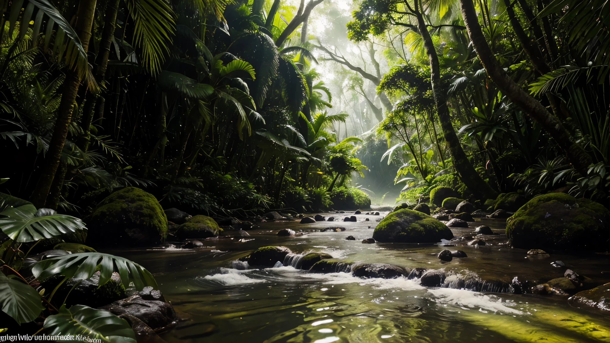 "A realistic 4K image of a tropical rainforest with a small river flowing through the middle. The forest is dense with lush green vegetation, including tall trees with wide leaves, vines hanging from branches, and various tropical plants. The river is clear, with a gentle flow, and surrounded by rocks and moss. Sunlight filters through the canopy, creating dappled light on the forest floor and the water surface. The scene is vibrant, full of life, and serene, capturing the essence of a pristine tropical jungle."