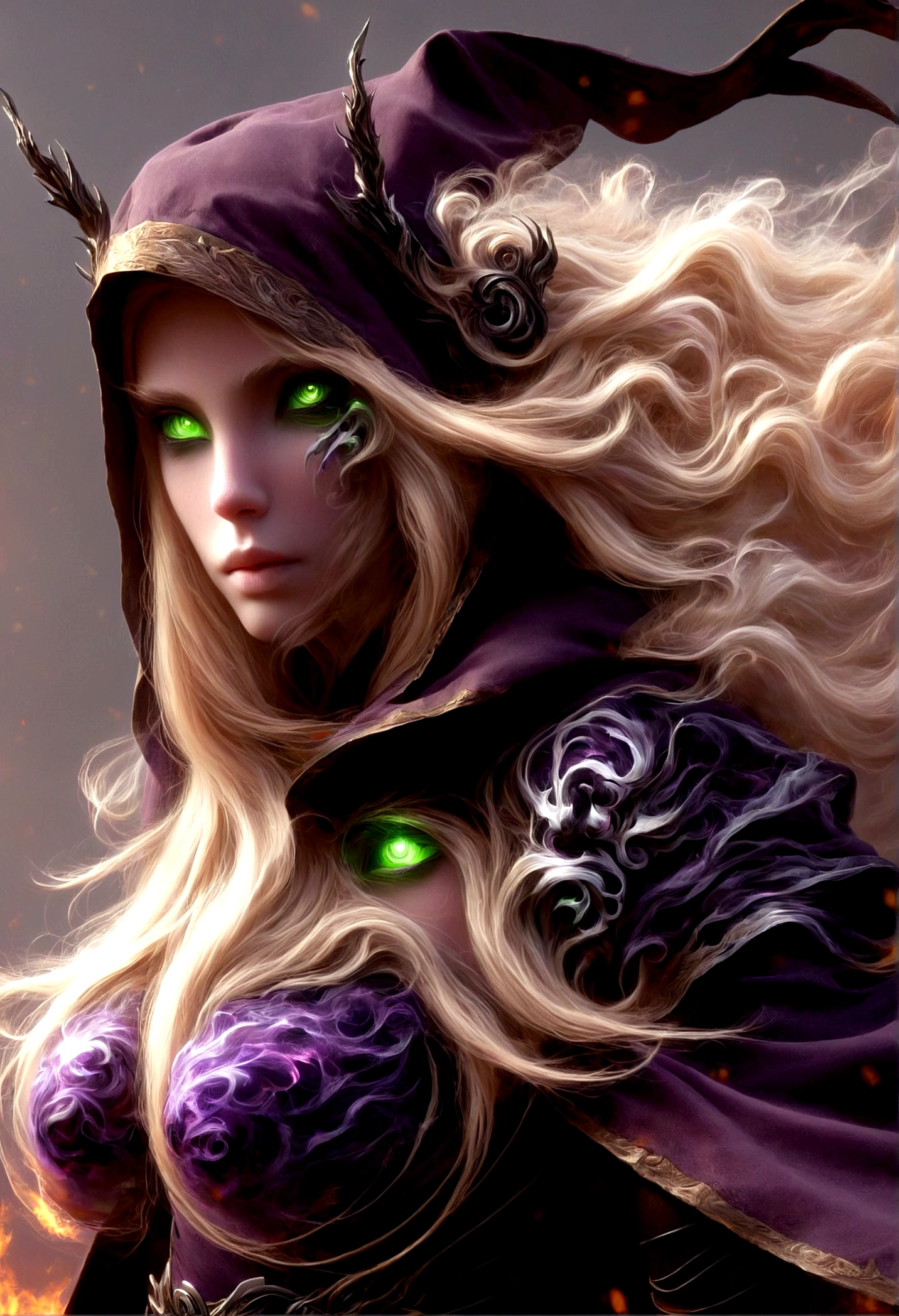 cinewow 1girl,sylvanas windrunner,,blonde,black sclera,glowing eyes,long hair,shoulder armor,full body,hood,solo,masterpiece,epic,best quality scar,perfect body proportion,pinup,posinig