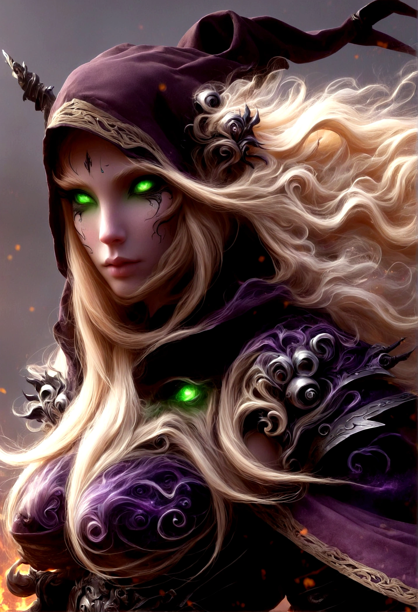cinewow 1girl,sylvanas windrunner,,blonde,black sclera,glowing eyes,long hair,shoulder armor,full body,hood,solo,masterpiece,epic,best quality scar,perfect body proportion,pinup,posinig