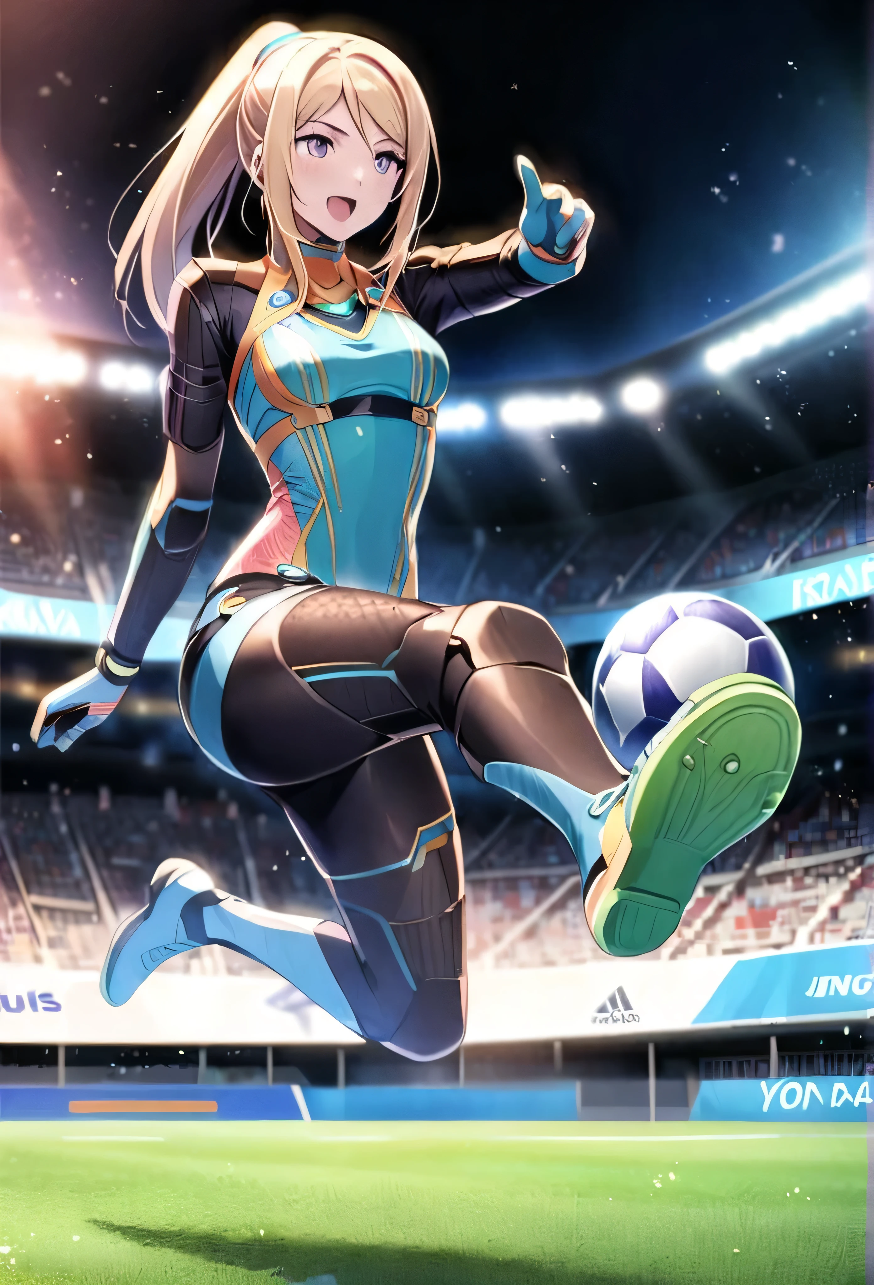  tali'zorah vas normandy as samus aran, medium breasts, playing soccer as goalkeeper jumping after the ball in a soccer stadium