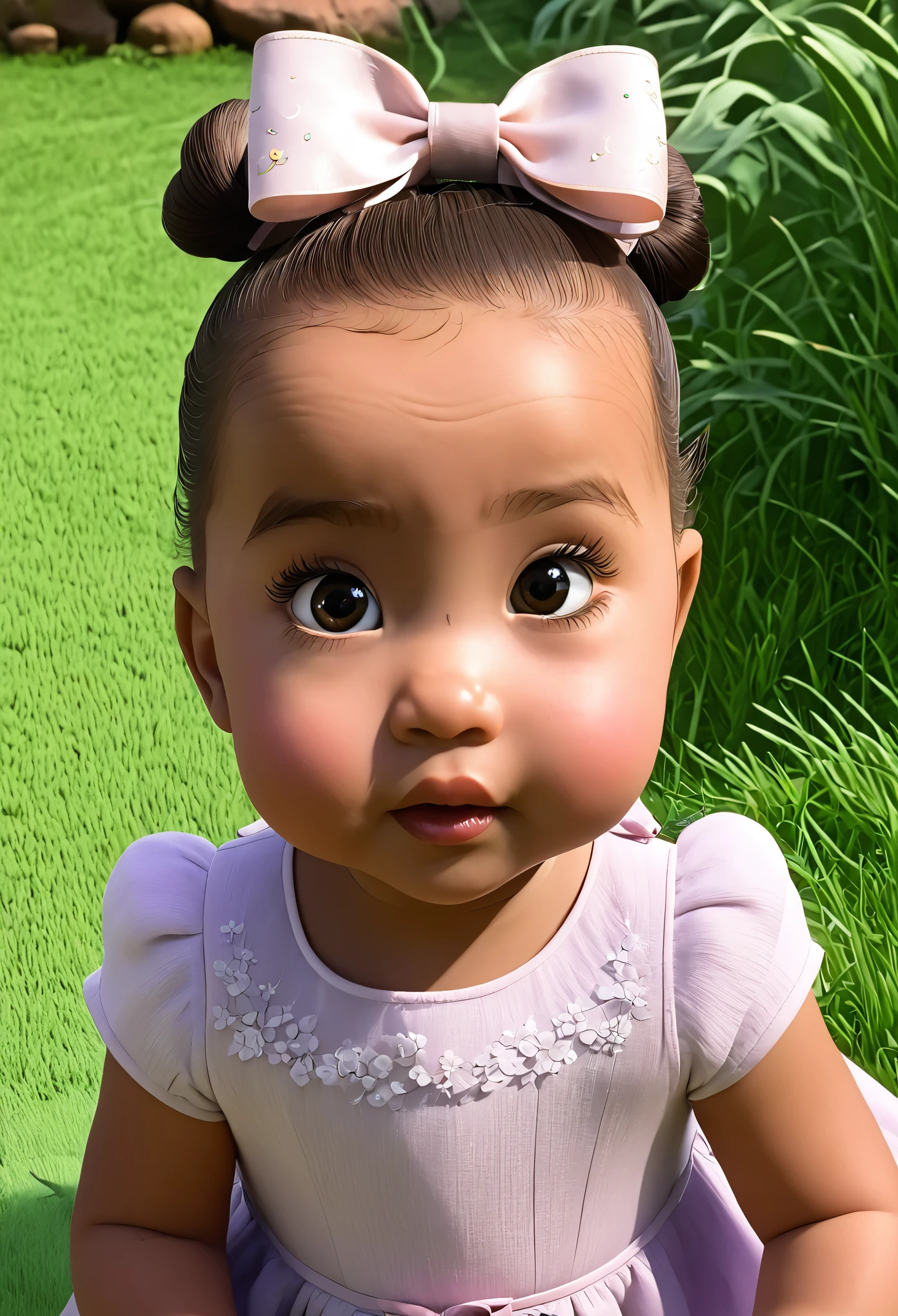 A 1 year old baby girl, bright black eyes, light brown skin color, thinning hair, almost bald, with a bow in her hair, cartoon style, Disney pixar animation , em um jardim cheio de borboleta