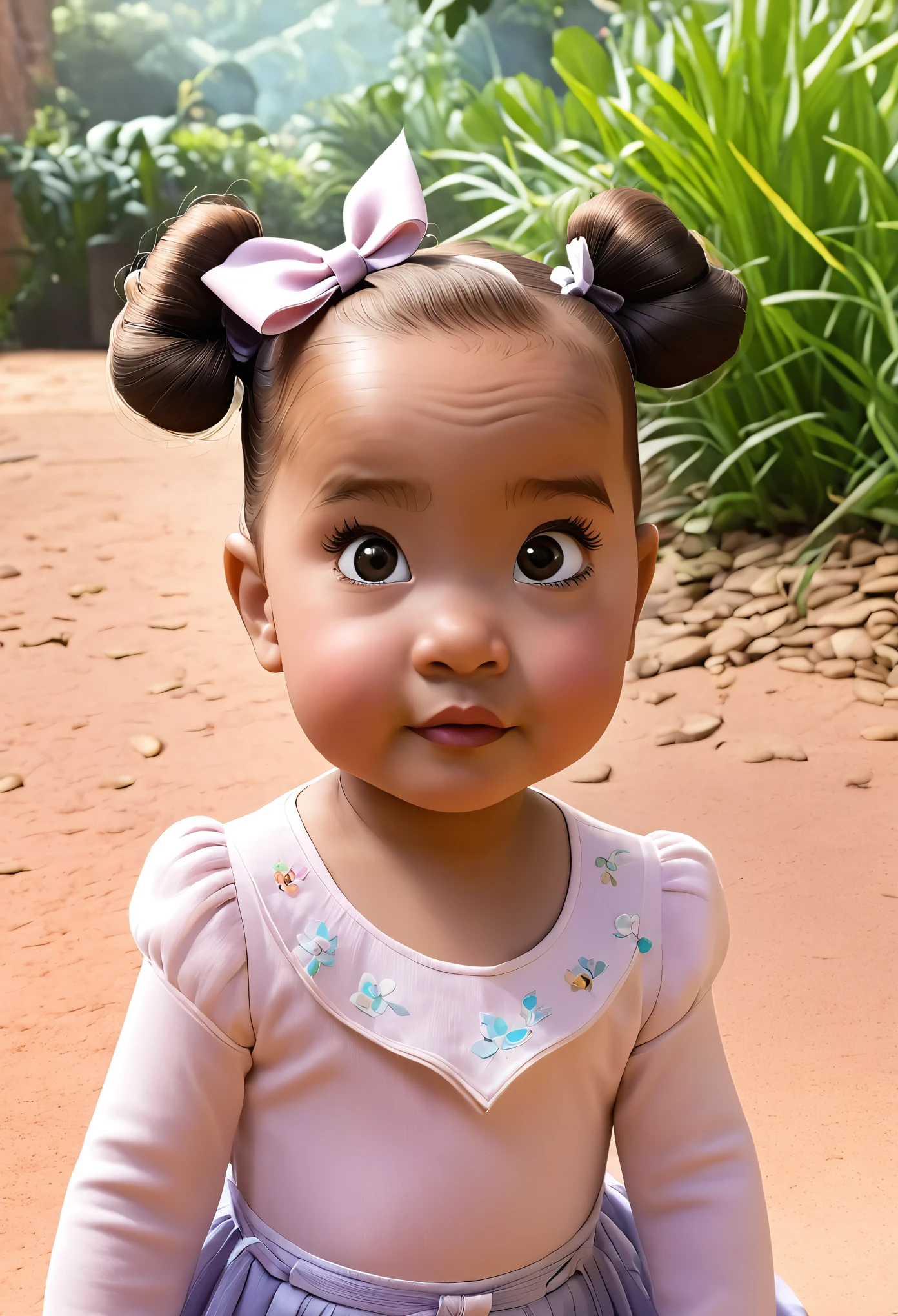 A 1 year old baby girl, bright black eyes, light brown skin color, thinning hair, almost bald, with a bow in her hair, cartoon style, Disney pixar animation , em um jardim cheio de borboleta