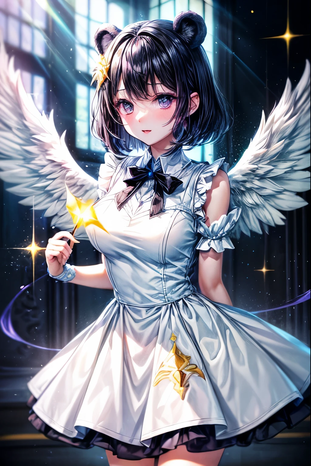 ((worst quality, low-quality)), ((black Bear-eared chemomimi girl)), (pure white dress), ((Black short hair, purple inner color)), plump shiny lips, Beautiful clear purple eyes, Spoken Heart, Leaning forward, ((big angel wings)), and an angel ring that emits neon light, (stained glass background), ((Shining sunlight)), (light Particle, light glow, llight rays:1.4), masutepiece,Best Quality,ultra-detailliert,