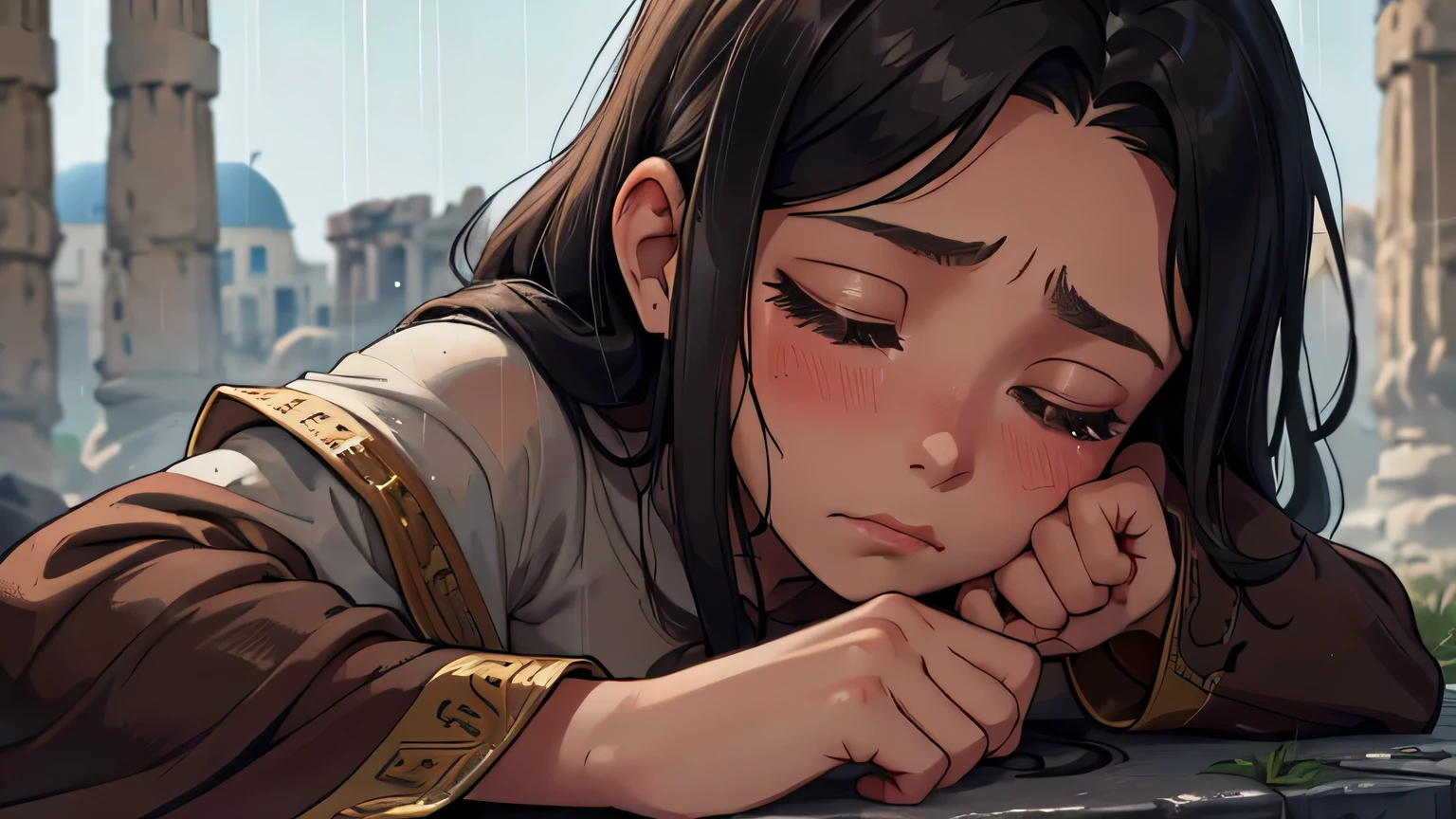 10 year old girl with eyes closed., pelo gris oscuro, poor tunic and old brown clothes from the 1st century, Deprimido y llorando en el suelo de una ciudad griega del siglo I d.C., como un mendigo bajo la lluvia, sad and gloomy face. Primer plano de su rostro