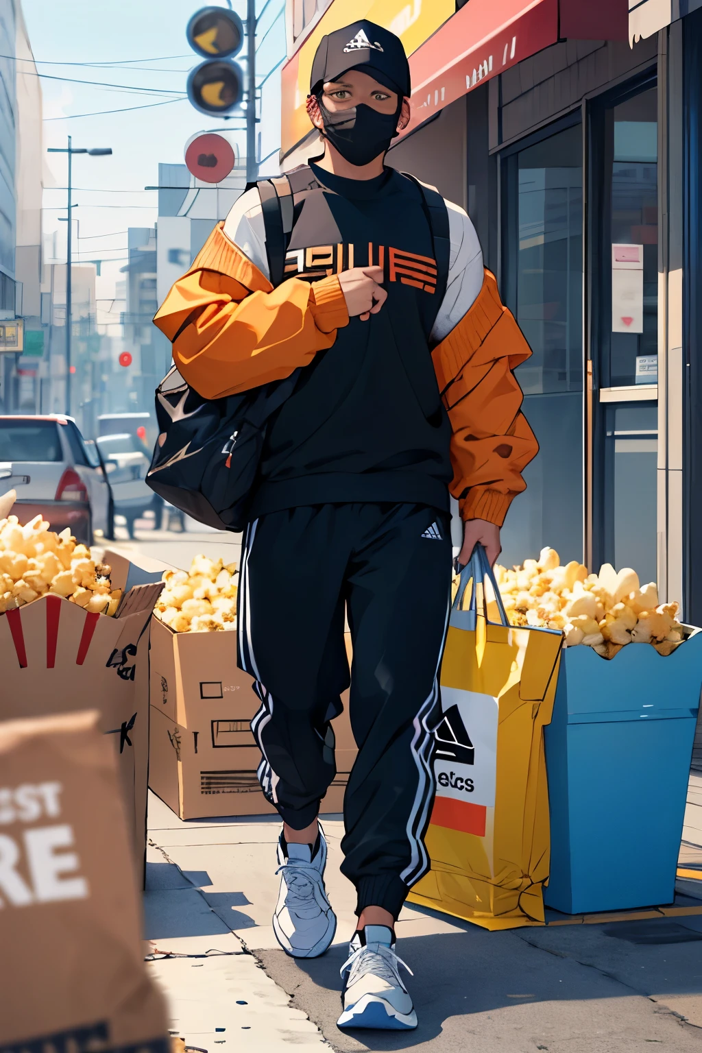 ((best quality)), ((masterpiece)), (detailed), 1men, off-shoulder sweater, Make me wearing a casual outfit with black pants and white adidas sneakers with blue and orange stripes. In one hand holding Jason's mask in the other a bag of popcorn. all this as if you were in an action scene.