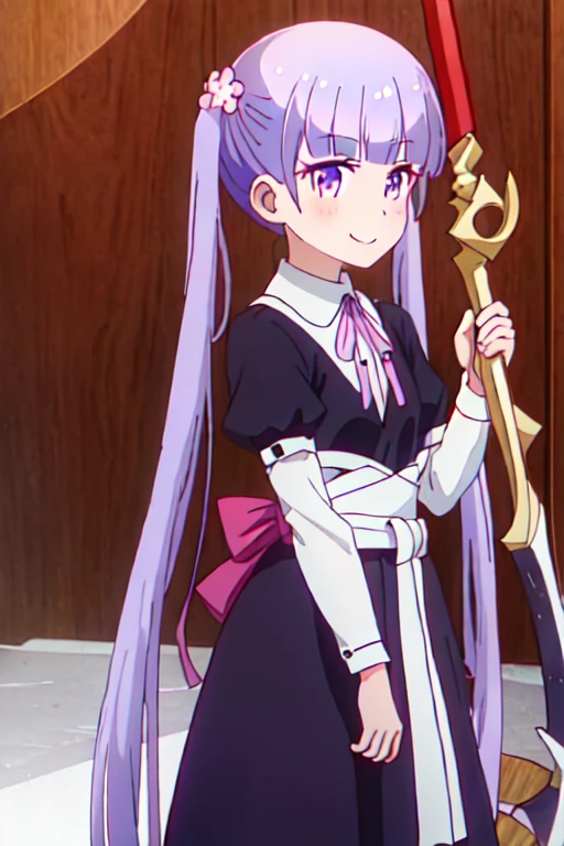 best quality, masterpiece, highres, solo, {suzukaze_aoba_newgame:1.15}, purple_hair, long_hair, twintails, purple_eyes, hair_ornament, flower, hair_flower, blush, ribbon, bangs, neck_ribbon, 1girl, portrait, blunt_bangs, closed_mouth, smile, pink_ribbon, shirt, anime Girl with an Obsidian Scythe with a determined look on her face ready to challenge the world, she is looking into the eyes of the enemy, she has long flowing hair, her hair is a cool color like ice, she's frigid but is focused on the only thing that matters to her, shes wearing Casual wear from japan in the 90's,