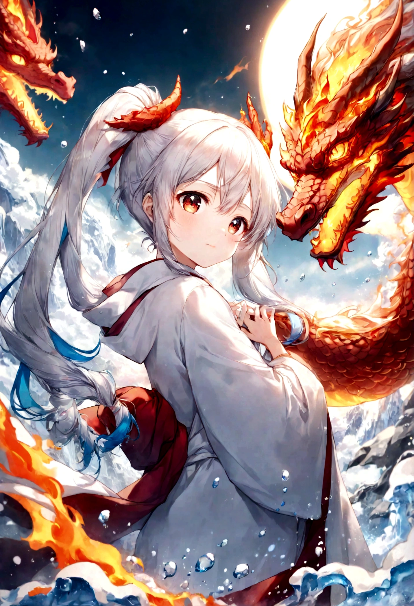 Dragon flying over burning town、large plumage、highcontrast、Girl is looking at the sky、red fullmoon、splash water､Flowing flame、detailed girl、neon color､Incandescent effect､18year old、(Yanlong、Ice Dragon;3,7)、(((robe blanche､Twintail、Rin々Shishi Face、With long silver hair)))