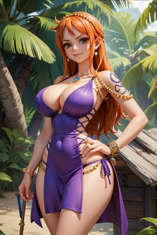 (masterpiece), best quality, expressive eyes, perfect face, (deep jungle with huts background), (standing), (smirk), (cleavage view), (1girl, 18 years old, Nami (one piece), fair skin, orange hair, brown eyes, hourglass figure, thin body, skinny body, petite_body, large breasts, huge breasts, oppai, large cleavage, wide hips, thick thighs), (nami (one piece), long hair, orange hair, (hair ornament:1.1), brown eyes, (jewelry:1.1), earrings, bare shoulders, shoulder tattoo, cleavage, purple dress, sleeveless, bracelet, pelvic curtain, side slit), 