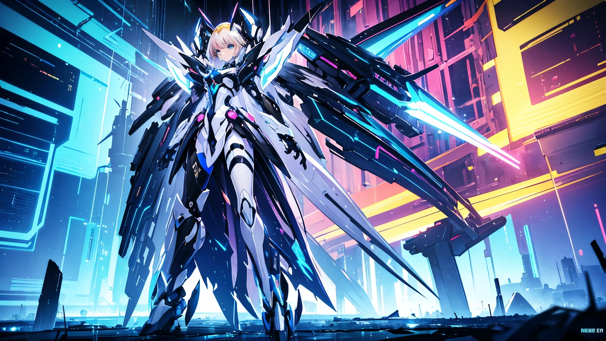 a futuristic mecha style magical girl, blonde hair, blue eyes, extremely detailed eyes and face, long eyelashes, wearing a futuristic mecha style version of a magical girl dress, intricate mecha design, neon highlights, glowing energy effects, dynamic pose, cinematic lighting, dramatic colors, vibrant blue and pink color scheme, digital art, concept art, 8k, high resolution, hyper detailed, masterpiece