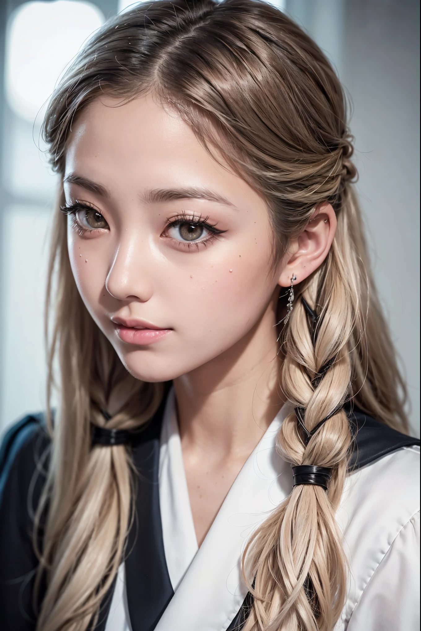 Realistic, masterpiece, highest quality, Highest Resolution, High Detail, Soft Light, Professional Lighting, Backlight, Film Grain, The background is blurred, Japanese high school girl, , Upper body photo, Looks sleepy, inattention, Grinning, Open your mouth, Beautiful and detailed eye drawing, (Droopy eyes:1.3), Dark Eyes, Thin eyebrows, Draw eyelashes carefully, Eyelash extensions, Gal Makeup, Orange Cheek,  (White brown wavy hair, Long Hair, Hair tied back, middle part:1.3), (Hidden eyelid wrinkles:1.3), (Gothic uniform:1.2), (The subject was photographed from above at an angle, The subject is looking to the side and away:1.3), (Face close-up:1.3)