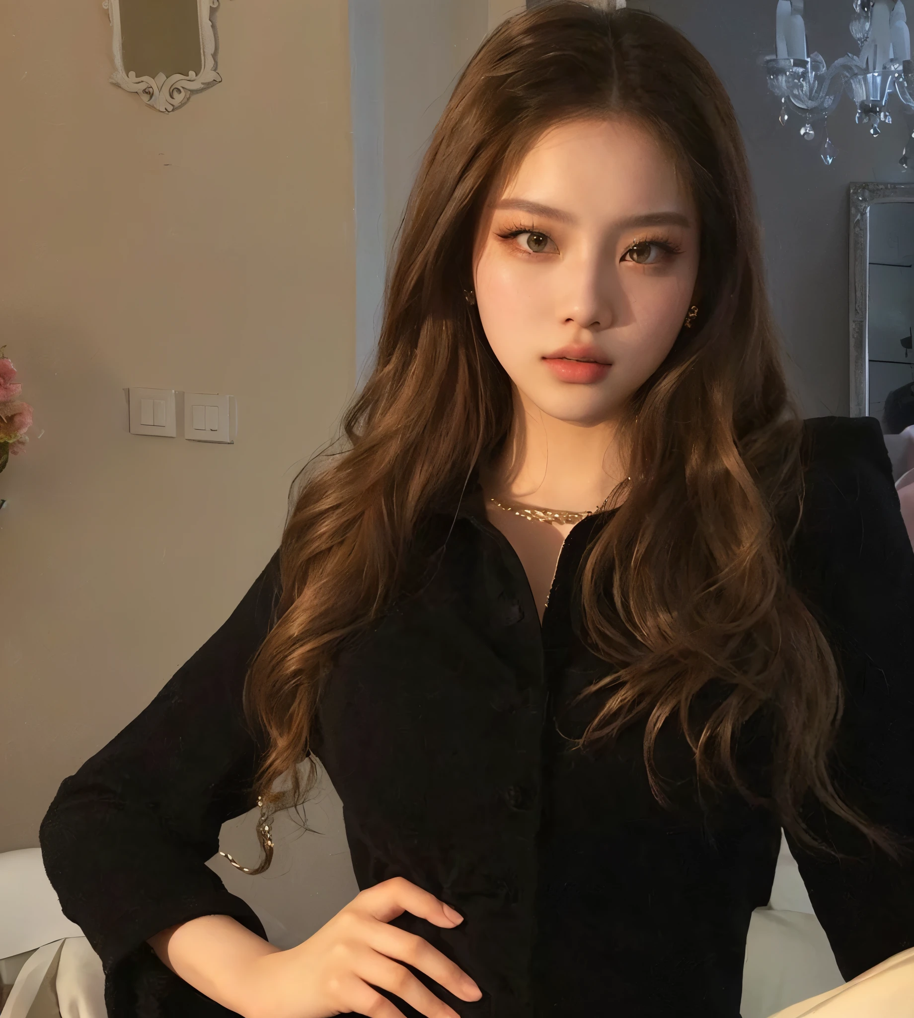 there is a woman that is standing in front of a mirror, amouranth, yelena belova, style of julia razumova, anna nikonova aka newmilky, dasha taran, anastasia ovchinnikova, pale-skinned persian girl, angelawhite, valentina remenar, ekaterina, with long hair and piercing eyes , blackpink jennie , blackpink Lisa , asian famale face , cute girl , Korean famale