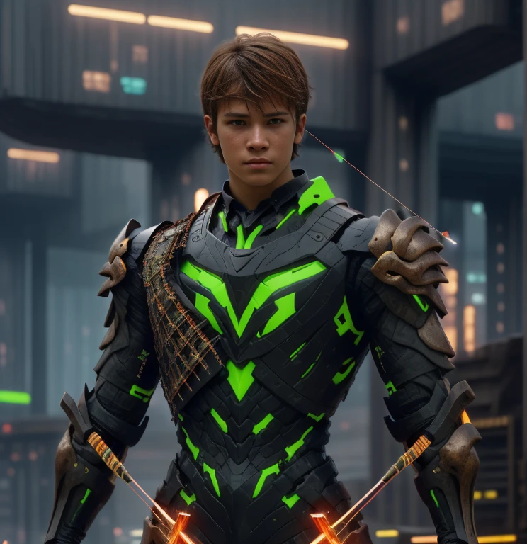 (ultra realistic,32k, masterpiece:1.2, UHD),(high detailed skin:1.1),( high quality:1.1), 1 boy, brown short raw cut hairs, brown eyes, green techno fantasy armor, cyberpunk, techno fantasy bow with ((energy bow arch)),((energy arrows)), caucasian race, light decourations, 18 years old 