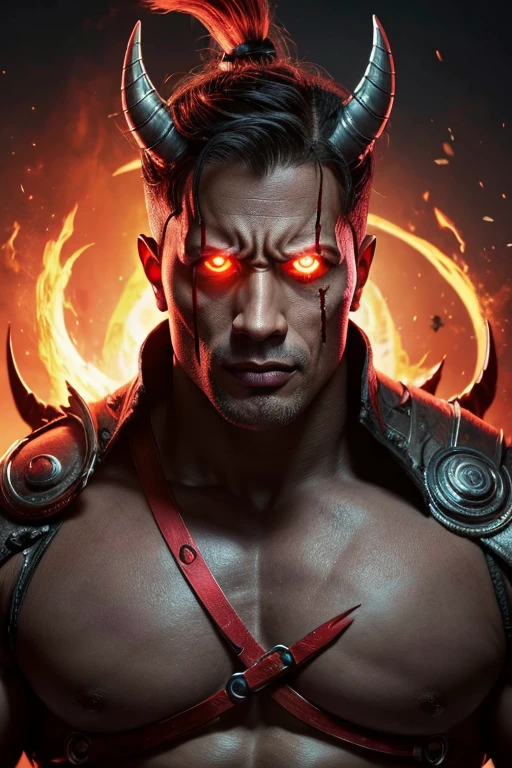 un primer plano de un hombre con cara de demonio y una cara de demonio en el pecho, arte conceptual por Zoltan Boros, presentado en zbrush central, fantasy art, 8k muy detallado ❤🔥 🔥 💀 🤖 🚀, cyborg satan, el bromista se parece a naruto, el dios del caos, dwayne johnson como el bromista, hermoso dios masculino de la muerte, Cyborg DC