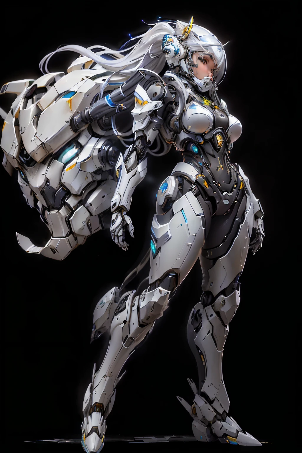 a close up of a woman with long hair and a helmet on, cyborg - girl with silver hair, girl in mecha cyber armor, of a beautiful female warframe, ferra white mecha, beautiful robot character design, in white futuristic armor, female mecha, beutiful white girl cyborg, epic sci-fi character art, epic sci - fi character art