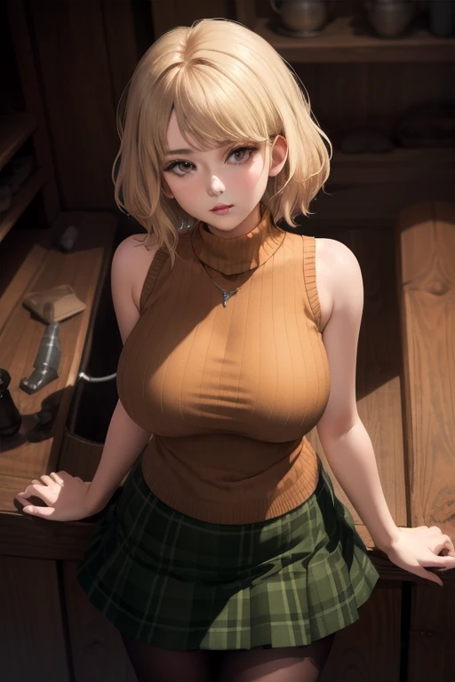 solo, sole_female, 1girl, ashley graham, brown eyes, bangs, necklace, orange sweater, sleeveless turtleneck, green miniskirt, pantyhose, upper body, from above,
BREAK anime_screencap, game_cg, megami_magazine, official_art, masterpiece, best_quality, highres, absurdres, (blurry_background), (simple_background), depth of field, (vibrant_color:1.2),
BREAK huge_breasts, (sagging_breasts:1.2), wide hips, messy_hair, floating_hair, blush, mature_female, motherly,
BREAK looking_at_viewer, Focus on her face, parted_lips, curvy, contrapposto,
