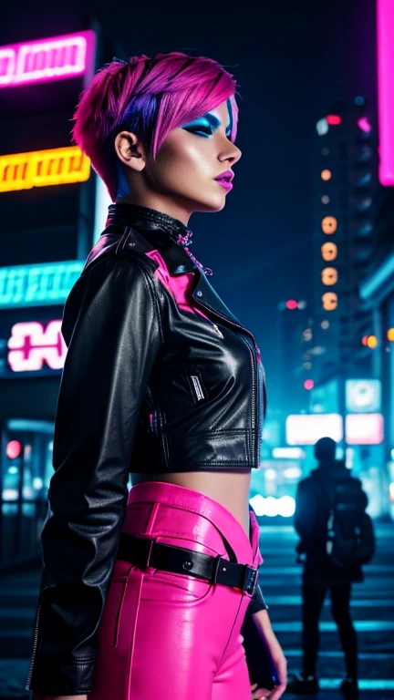 The image depicts a person with a striking cyberpunk-inspired look. The individual has a short, dyed hair style with vibrant shades of pink and blue, and their makeup is equally bold, featuring neon accents that complement the hair colors. They are wearing a black leather jacket adorned with neon pink and blue accents, giving it a futuristic, high-tech appearance. The jacket has a distinctive design with what appears to be a camera or sensor integrated into the chest area, adding to the cybernetic aesthetic.

The person is also wearing a black top with a similar neon design, and the overall outfit is completed with what seems to be a black choker necklace. The background is a cityscape at night, illuminated by neon lights, which enhances the cyberpunk theme of the image. The lighting and color grading contribute to a moody and atmospheric vibe, suggesting a setting that is both urban and otherworldly. The image is likely a creative concept or a promotional piece for a fashion or entertainment project that embraces the cyberpunk genre.