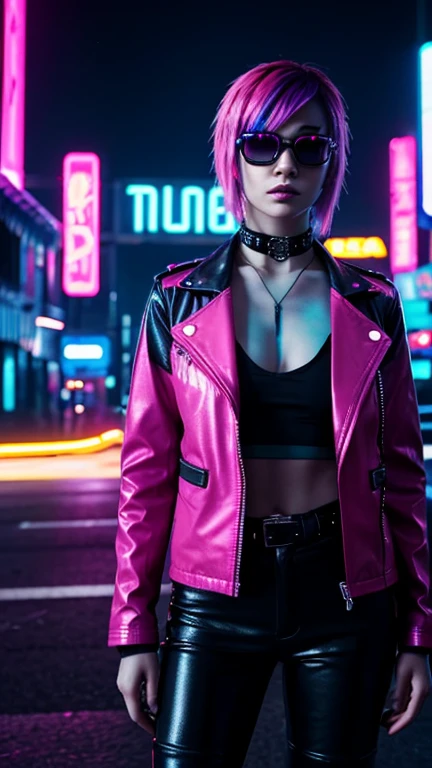 The image depicts a person with a striking cyberpunk-inspired look. The individual has a short, dyed hair style with vibrant shades of pink and blue, and their makeup is equally bold, featuring neon accents that complement the hair colors. They are wearing a black leather jacket adorned with neon pink and blue accents, giving it a futuristic, high-tech appearance. The jacket has a distinctive design with what appears to be a camera or sensor integrated into the chest area, adding to the cybernetic aesthetic.
The person is also wearing a black top with a similar neon design, and the overall outfit is completed with what seems to be a black choker necklace. The background is a cityscape at night, illuminated by neon lights, which enhances the cyberpunk theme of the image. The lighting and color grading contribute to a moody and atmospheric vibe, suggesting a setting that is both urban and otherworldly. The image is likely a creative concept or a promotional piece for a fashion or entertainment project that embraces the cyberpunk genre.