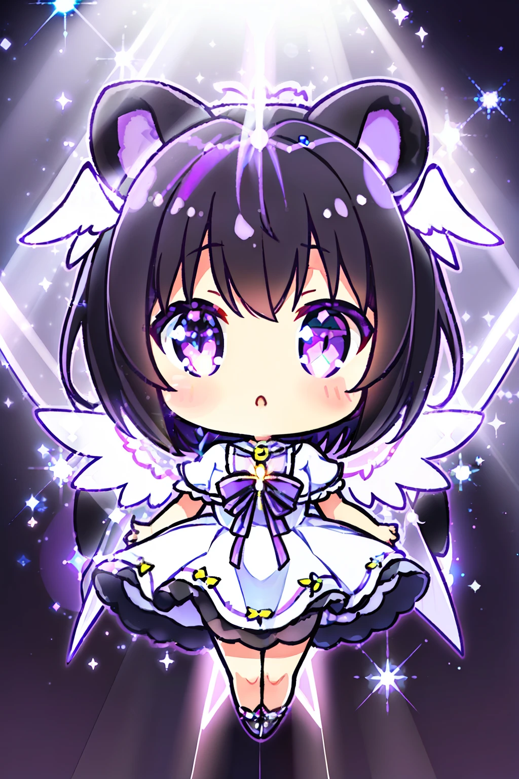 chibi, nendoroid, ((worst quality, low-quality)), ((black Bear-eared chemomimi girl)), (pure white dress), ((Short black hair with purple inner color:1.3)), plump shiny lips, Beautiful clear purple eyes, Spoken Heart, Leaning forward, ((big angel wings)), and an angel ring that emits neon light, (stained glass background), ((Shining sunlight:1.4)), (light Particle, light glow, llight rays:1.4), masutepiece,Best Quality,ultra-detailliert,