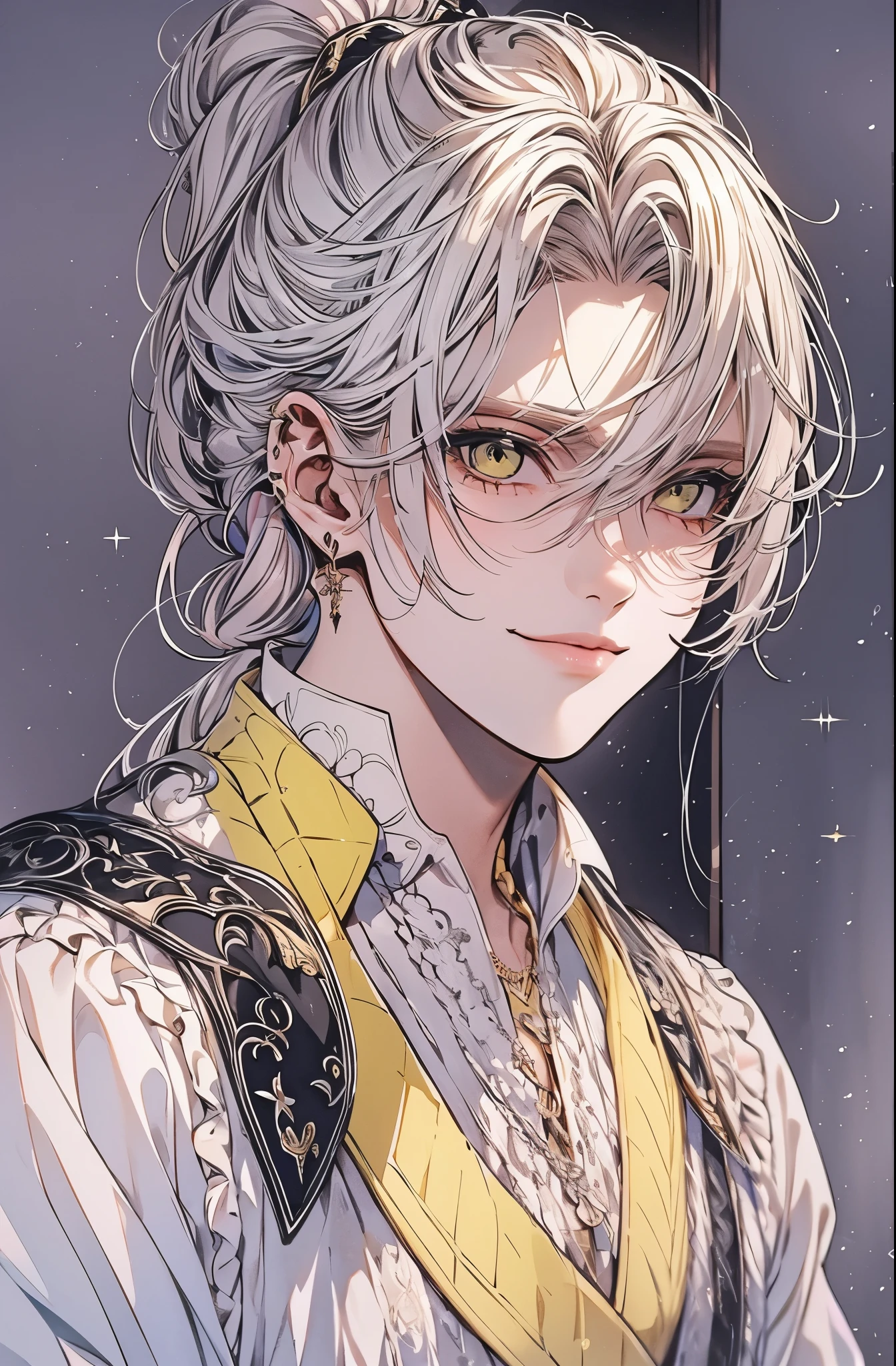 high quality, pixiv style, Mature Young, (masterpiece, 8k, Absurd, Digital Art, Digital Illustration, Realistic, Very detailed, Realistic lighting), (Perfect Face, Perfect Eyes, Perfect body), male,1 person, male的な, Adult,good looking, Sharp features,Long white hair, ponytail, sharp narrow eyes, yellow iris, Black Ribbon, A sophisticated look, Frilled blouse, Small gestures (🤏), gothic palace background, Soft and calming colors, Wicked Smile, Mysterious Aura, Japanese anime style, Clear line drawing, Transparent watercolor, Pastel Tones, Clear shading, and a sophisticated look