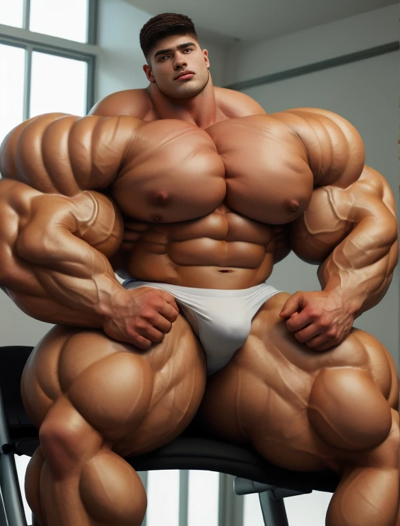 1boy, giant, model shoot style, staring, illuminating light, strong body, bulk, sweaty, hairy, large size, in the gym, white triangular underwear, prominent bulge, big, brutalmass, giant, muscular body, bulk, massive body, large meaty body size, huge thighs