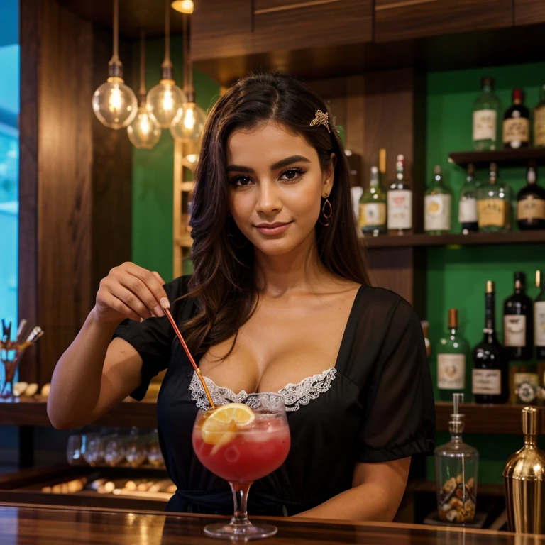 Create an image of a realistic woman holding a shiny pearlescent pink drink. She must be smiling and in a sophisticated environment, like a stylish bar or lounge. Details like soft lighting, reflections in the drink and a background that complements the scene are important to give a touch of realism and refinement to the image.