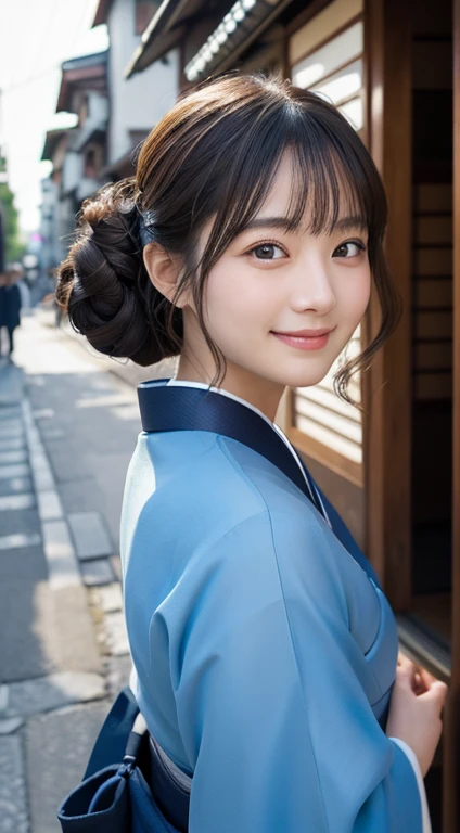 Professional Lighting,(Realistic:1.4), (Top image quality:1.0), (超A high resolution:1.0), 8k, Raw photography, (masterpiece:0.2), (Dealing with the Children_v1:0.5)、(最高quality Detail:1.2)、Realistic、8K Ultra HD、High resolution、(1 girl:1.2)、超detailedな、High quality textures、複雑なdetailed、detailed、Very detailed CG、High quality shadows、detailed 美しく繊細な顔、Beautiful details and a delicate eye、(Symmetrical eyes:1.2),Written boundary depth、Ray Tracing,1 girl, Japanese Girls, (Natural smile:1.4),cute, thin, Portrait of a beautiful Japanese woman in a kimono, Standing elegantly on a street corner in Kyoto. Kimono with vibrant traditional patterns, Hair decorated with elegant and delicate hairpins, Gentle expression. (With the old streets of Kyoto in the background:1.4)、The soft light of a spring afternoon、Adding tranquility to the scene. Rendered in a Realistic style with great attention to detail, High resolutionの画像.Sky Porn, Magic Hour, (Realistic:1.3), finely, quality, (Tabletop:1.2), (Realistic:1.2), (最高quality), (複雑なdetailed), dramatic, Ray Tracing, photograph, +roller