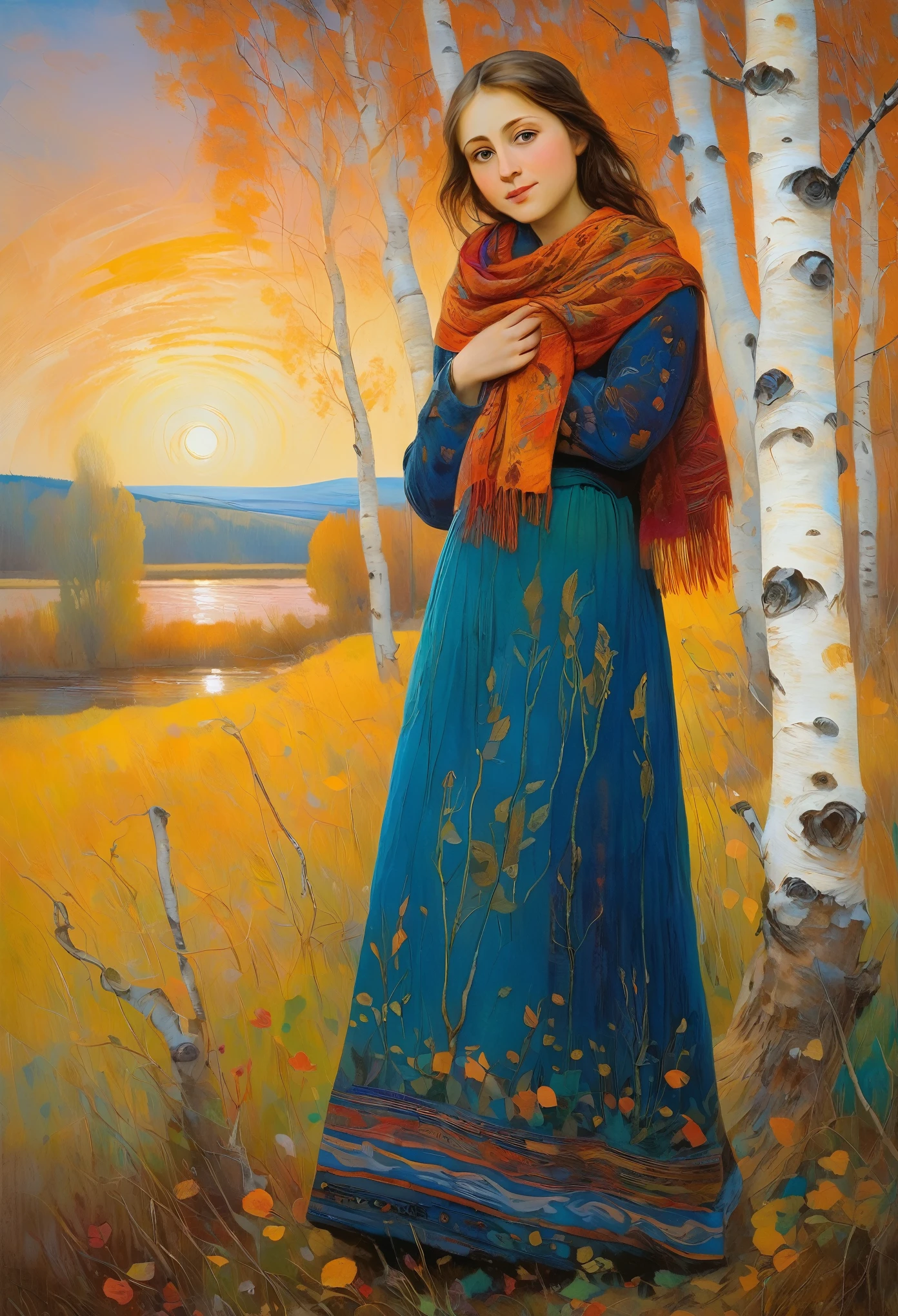 a young Russian girl, against the background of a crimson sunset, complex detailing, aged canvas, "the girl by the white birch" (in the style of Odilon-Redon, depicted in oil on canvas),
a beautiful girl with brown hair in a scarf, hugging the trunk of a birch tree dressed in a top and maxi skirt with patterns and knitting, ((background: high bank of the white birch river in cheerful colors,
stunning, highly detailed, 8k, ornate, intricate, vintage, dehydrated, atmospheric, scuff gradient,
(oil painting: 0.75), (splash: 0.75), (turquoise: 0.2), (orange: 0.2), (pink:0.33), 
 (Odilon-Redon: 0.5), (John Constable: 0.1),
((El Greco: 0.5),(acrylic paint: 0.75), 8k (())e