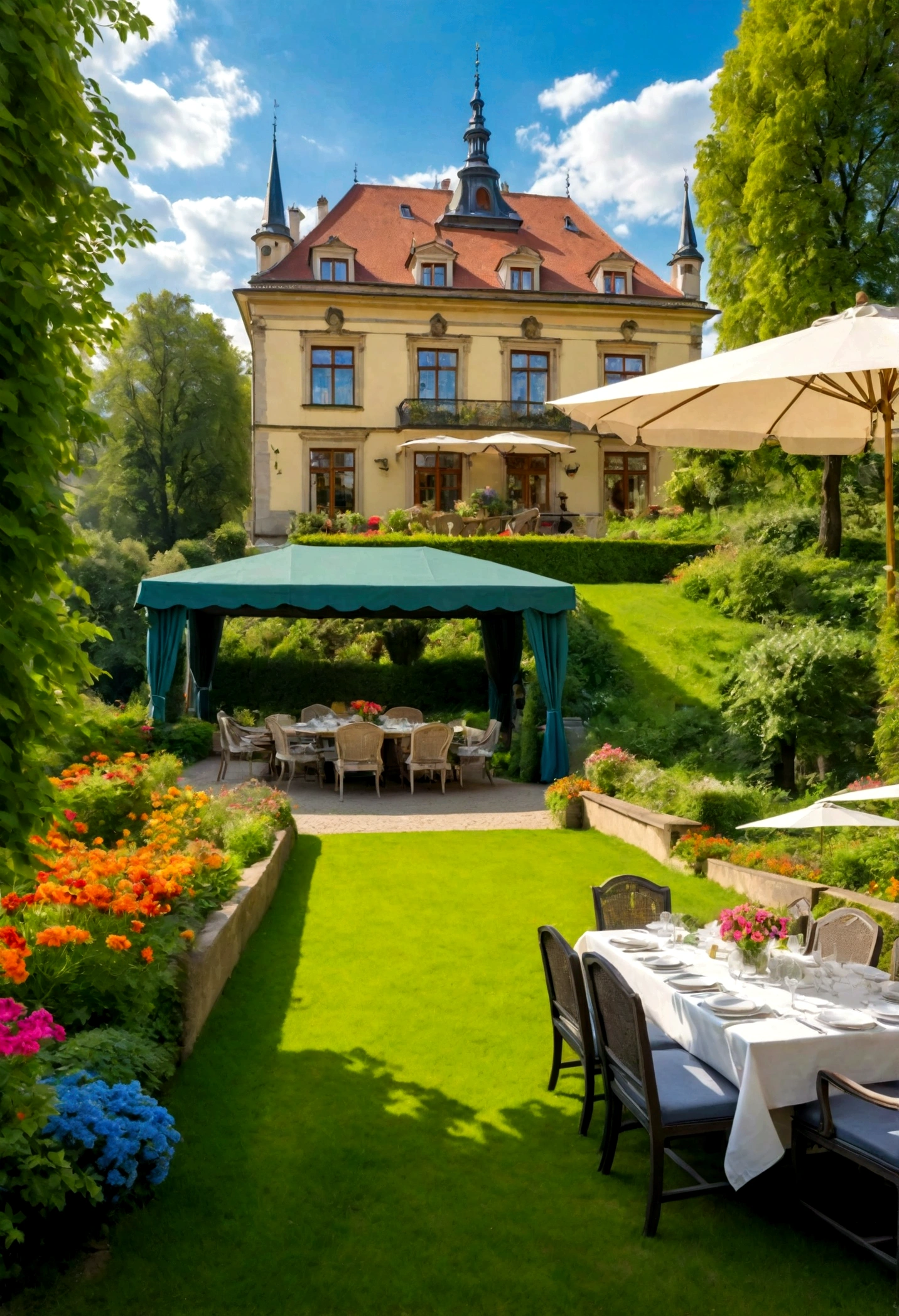 Outdoor garden with bright flowers and greenery on high ground. Table and sofa set for lunch under covered gazebo in front. Large grassy dog run under clear blue skies. The magnificent mansion adds to its luxurious charm. The air is full of warmth. Prague cityscape far below.