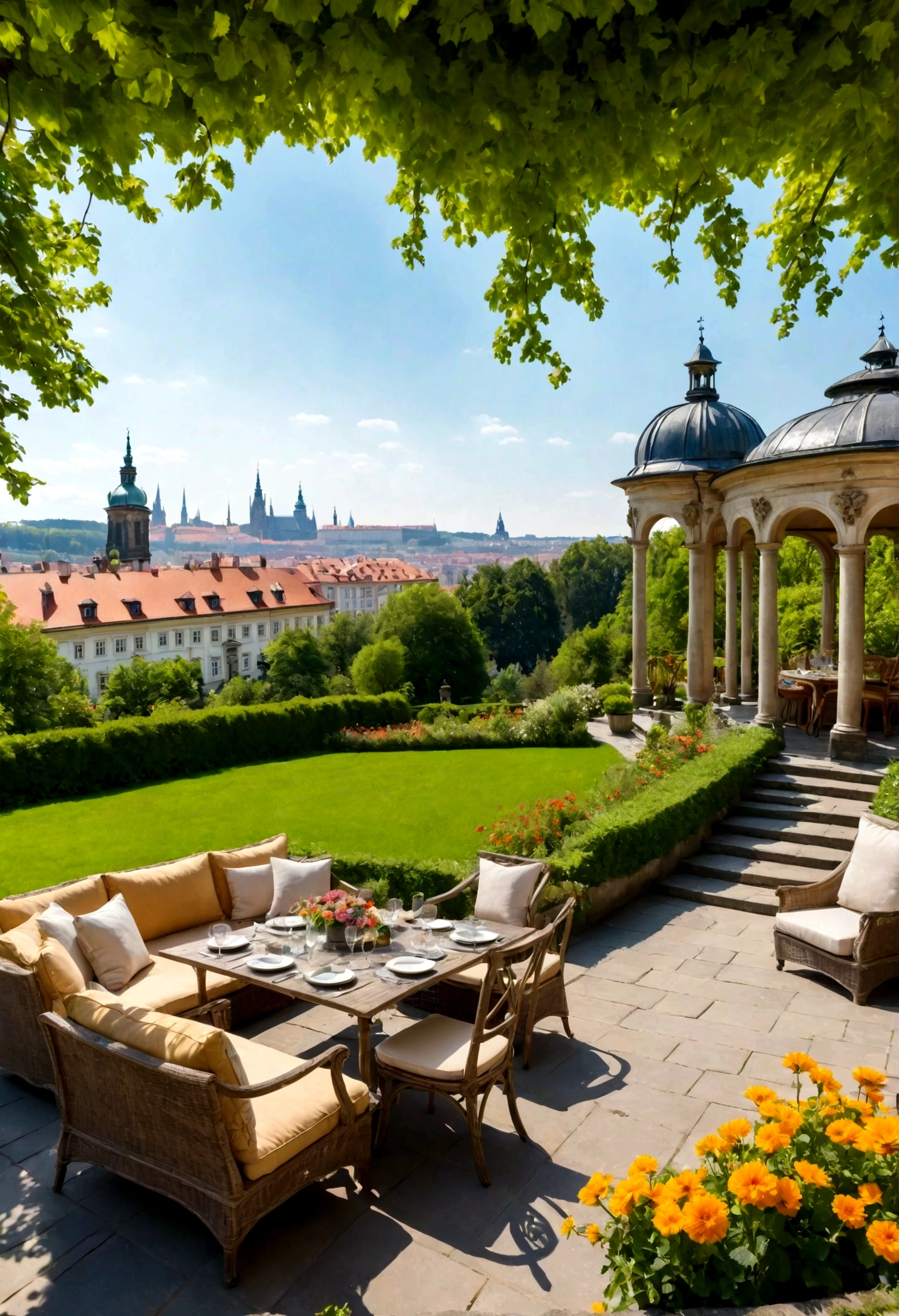 Outdoor garden with bright flowers and greenery on high ground. Table and sofa set for lunch under covered gazebo in front. Large grassy dog run under clear blue skies. The magnificent mansion adds to its luxurious charm. The air is full of warmth. Prague cityscape far below.