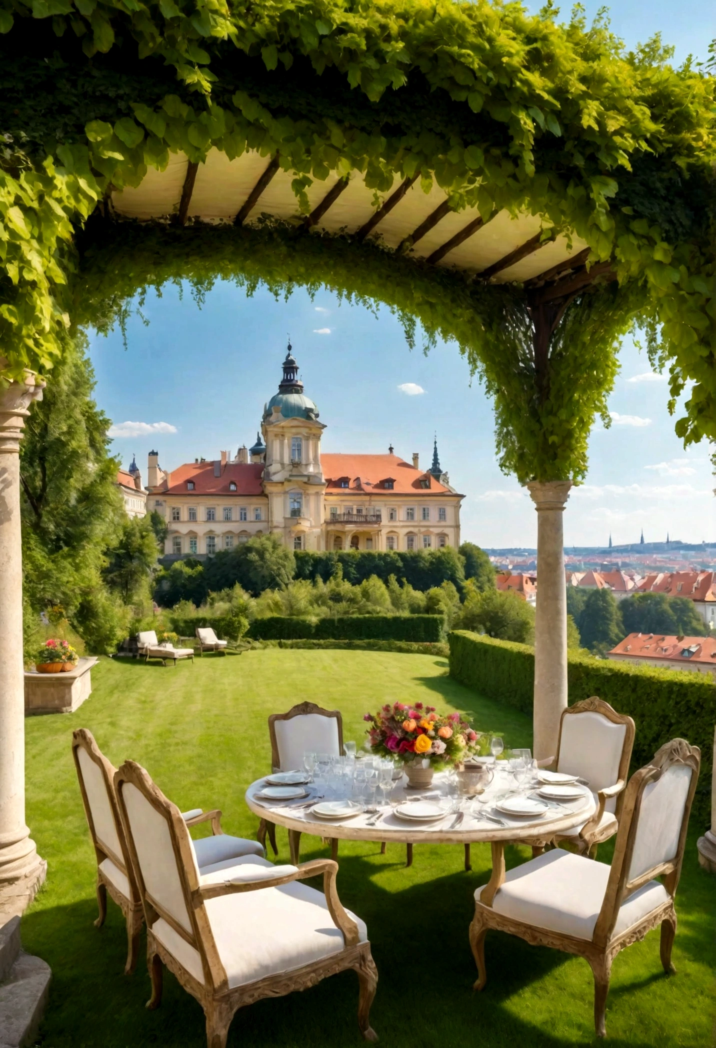 Outdoor garden with bright flowers and greenery on high ground. Table and sofa set for lunch under covered gazebo in front. Large grassy dog run under clear blue skies. The magnificent mansion adds to its luxurious charm. The air is full of warmth. Prague cityscape far below.