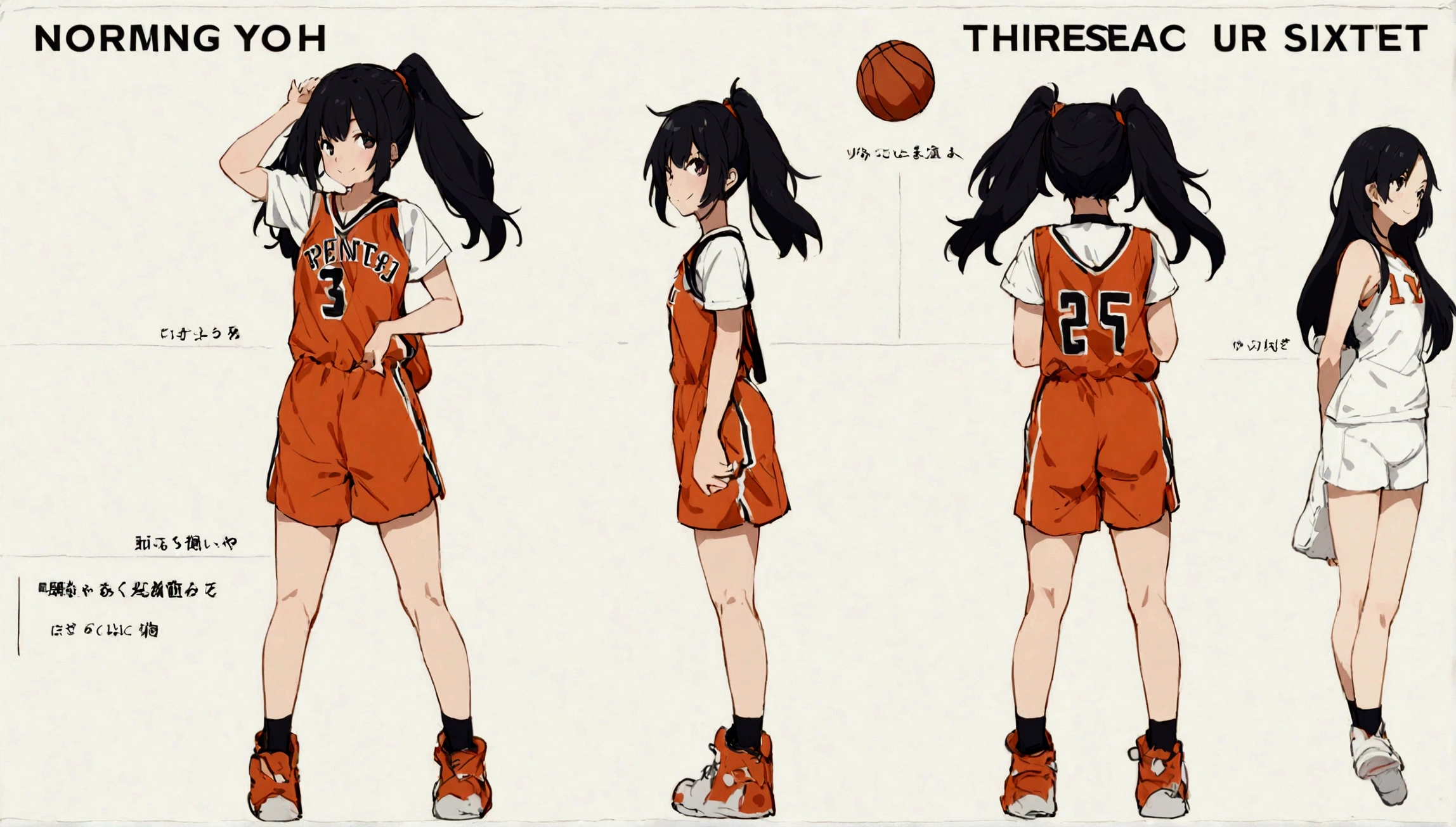(Highest quality, masterpiece), 1 girl, female, 15 years old, cool, standing girl, three-dimensional effect, front and back, side, character sheet, full body, simple background, basketball bag, pretty girl, baseball jumper, black hair, pony Tail hair, dark eyes, smile, charisma, girl crush, face up, solo
information