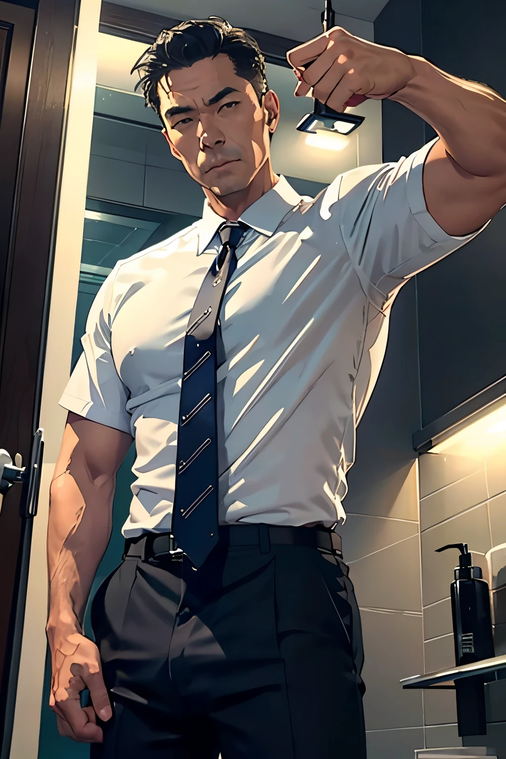 A 52-year-old middle-aged man taking a selfie、good looking、Gentleman、Asian、((Short Hair))、、Muscular、、(A dark and suspicious hotel bathroom at night)、((White Y-shirt and tie))、((The lower half is naked))、Touching his penis、((Correctly shaped erect penis))、Detailed facial expressionasterpiece),highest quality,Excellent anatomy、