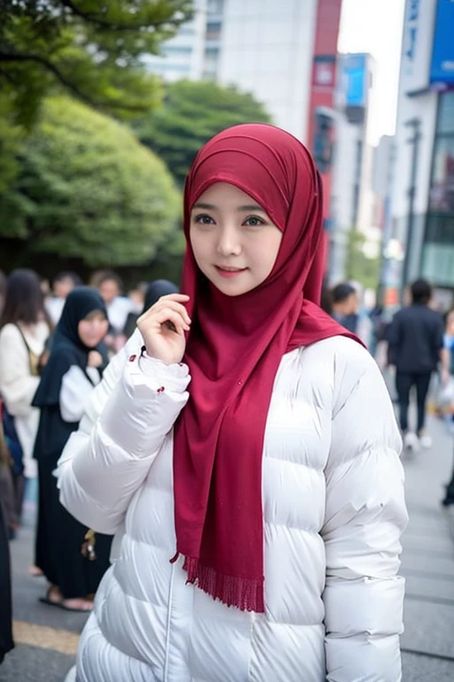 japanese muslim girl, pasmina hijab, perfect body figure, down jacket, tokyo