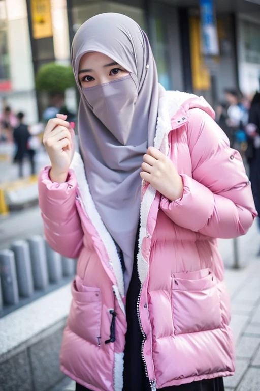 japanese muslim girl, pasmina hijab, perfect body figure, down jacket, tokyo