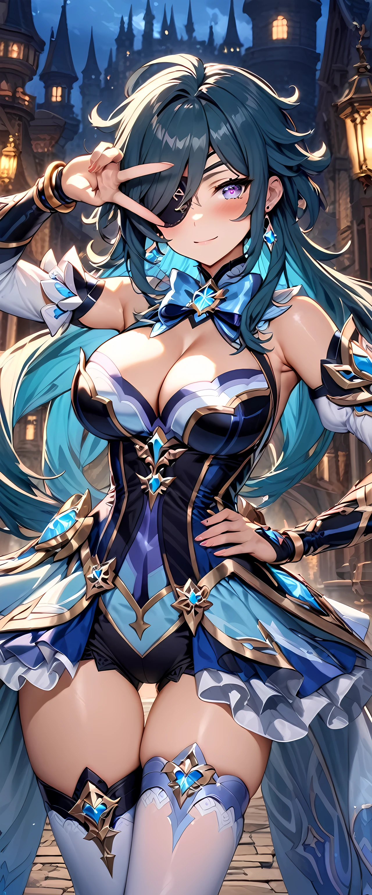 (masterpiece), best quality, expressive eyes, perfect face,kaeya_(genshin impact),,big brea girl,(magical girl dress:1.3),detached sleeves,(frilled skirt:1.3),(white stockings),(thigh gap:1.5),bracelet,blush,light smile,castle walkway,night,fantasy backgnd,studio lighting,standing,cowboy shot,looking at viewer, eyeshadows, eye liner,glistening eyes, hyper detailed eyes, intricate eyes, beautiful eye,eyepatch over right eye,standing,seductive pose,bangles,earrings,victory pose,legs apart,V over eye,bangles,earrings