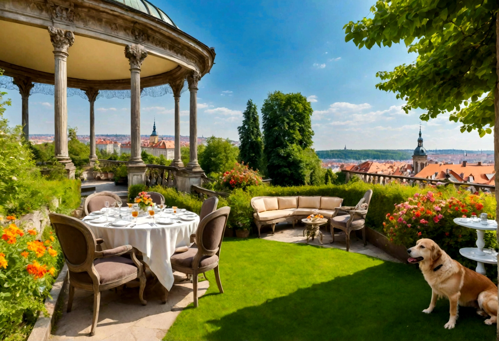 Outdoor garden with bright flowers and greenery on high ground. Table and sofa set for lunch under covered gazebo in front. Large grassy dog run under clear blue skies. The magnificent mansion adds to its luxurious charm. The air is full of warmth. Prague cityscape far below.