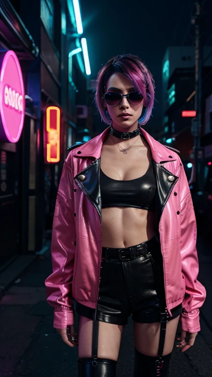 The image depicts a person with a striking cyberpunk-inspired look. The individual has a short, dyed hair style with vibrant shades of pink and blue, and their makeup is equally bold, featuring neon accents that complement the hair colors. They are wearing a black leather jacket adorned with neon pink and blue accents, giving it a futuristic, high-tech appearance. The jacket has a distinctive design with what appears to be a camera or sensor integrated into the chest area, adding to the cybernetic aesthetic.
The person is also wearing a black top with a similar neon design, and the overall outfit is completed with what seems to be a black choker necklace. The background is a cityscape at night, illuminated by neon lights, which enhances the cyberpunk theme of the image. The lighting and color grading contribute to a moody and atmospheric vibe, suggesting a setting that is both urban and otherworldly. The image is likely a creative concept or a promotional piece for a fashion or entertainment project that embraces the cyberpunk genre.
