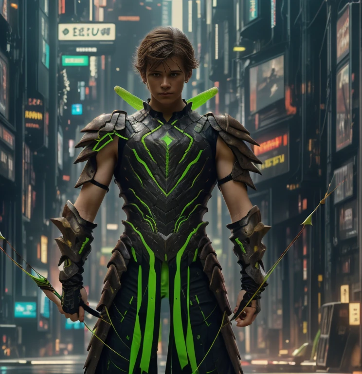 (ultra realistic,32k, masterpiece:1.2, UHD),(high detailed skin:1.1),( high quality:1.1), 1 boy, brown short raw cut hairs, brown eyes, green techno fantasy armor, cyberpunk, techno fantasy bow with ((energy bow arch)),((energy arrows)), caucasian race, light decourations, 18 years old 