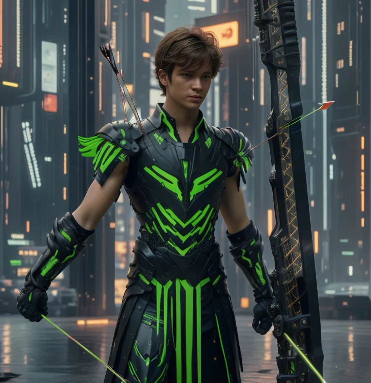 (ultra realistic,32k, masterpiece:1.2, UHD),(high detailed skin:1.1),( high quality:1.1), 1 boy, brown short raw cut hairs, brown eyes, green techno fantasy armor, cyberpunk, techno fantasy bow with ((energy bow arch)),((energy arrows)), caucasian race, light decourations, 18 years old 