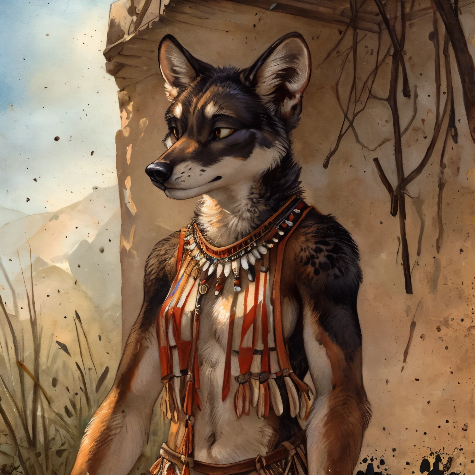 female, Anthro, bushdog with small snout, calm eyes, black fur, tribal vests, holding two daggers, detailed anatomy, skinny, (by blotch)