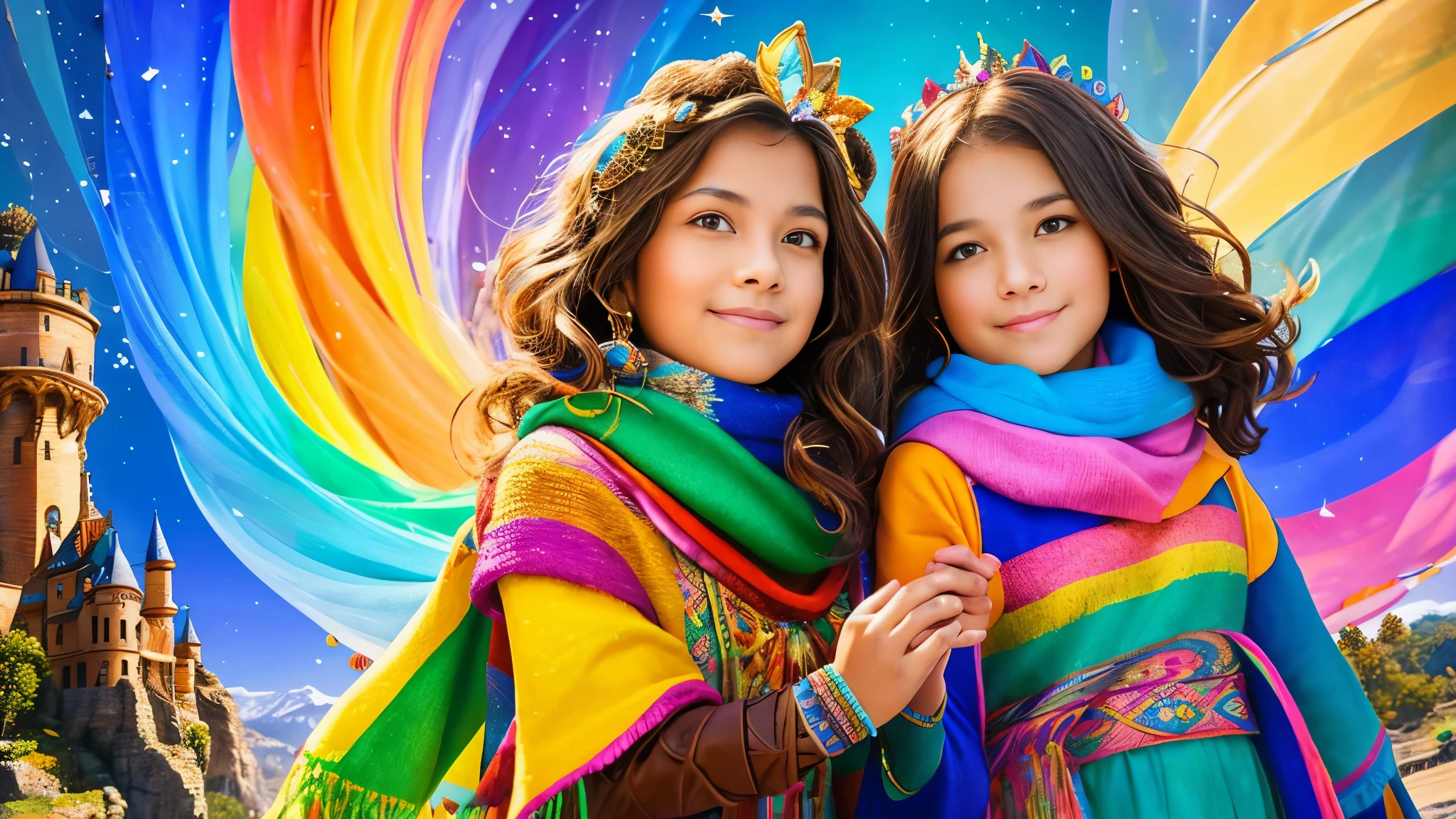 2girls, curious, fearless, smiling, wavy brown hair, dressed in colorful clothes and a magical scarf, next to the old fairy queen,masterpiece, top-quality,raw photograph, top-quality, Official Art ,the Extremely Detailed CG Unity 8K Wallpapers,